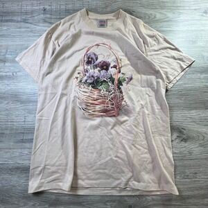 Oneita T-Shirt Mens Large Tan Floral Pansy Flower Vintage 90s Single Stitch